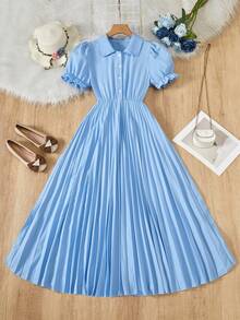 年轻女孩优雅奶油色和白色V领泡泡袖短袖褶皱长裙 - 藍色 - 查看 1