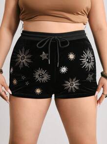 ROMWE Quần short vải nhung thêu hình mặt trăng và ngôi sao cổ điển cỡ lớn Hippie - màu đen - Xem 1