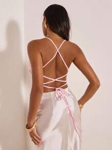 Opulessa Áo cổ yếm dệt kim sa trơn màu cho tiệc sinh nhật bãi biển mùa hè dành cho nữ, mùa thu, thời trang đường phố Y2k, hòa nhạc đồng quê, văn phòng, đi chơi đêm, đêm hẹn hò, áo kim sa màu hồng sân bay - Hồng - Xem 2