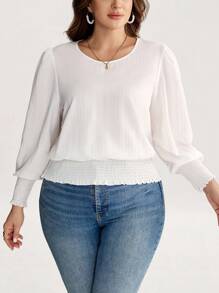 SHEIN LUNE 大码女装返校装女装秋季白色波浪条纹圆领复古服装女式收腰衬衫商务休闲女装秋冬季曲线教师返校装衬衫