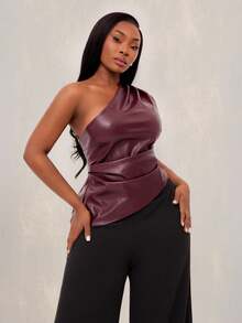 Radiana 大码女式秋冬、春夏优雅褶皱弹力 PU 皮革不对称下摆上衣，适合办公室 - 酒紅色 - 查看 5