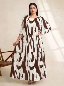 Chikora Vestido de verano de gasa con fruncido y estampado geométrico elegante para mujer de talla grande - Marrón - Ver 7