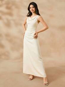 SHEIN Teen Girl Adolescent Elegant Wedding Flower Girl Dress, Champagne Satin Tank Dress For Big Girls, Luxurious Fashion Slit Fishtail Princess Dress For Youth - Apricot - View 4