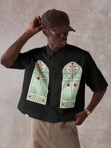 SUMWON 高级教堂窗户图案印花短袖纽扣保龄球衫休闲复古彩色玻璃设计街头服饰节日春夏秋季度假 - 黑色 - 查看 6