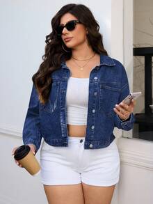 Selenza Áo khoác denim ngắn giản dị cỡ lớn - Rửa tối - Xem 6