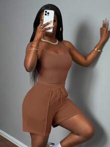 Slaydiva 新款春夏休闲基础运动风U领吊带背心+短裤带牙条装饰运动裤白色女款两件套-A款棕色两件套女士两件套短裤套装休闲两件套U领背心+百慕大短裤套装棕色骑行短裤套装 - 咖啡棕 - 查看 7