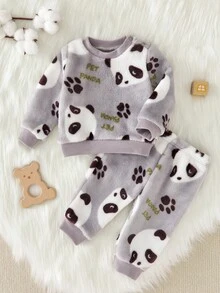 Bộ đồ ngủ 2 món cho bé trai sơ sinh có họa tiết gấu trúc, cổ tròn, tay dài và quần, đồ ngủ bằng vải nhung mềm màu xám cho mùa thu/đông - Xám - Xem 3