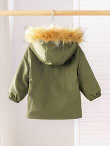 SHEIN 女婴拼布毛绒长袖拉链连帽羊毛外套 - 軍綠色 - 查看 3