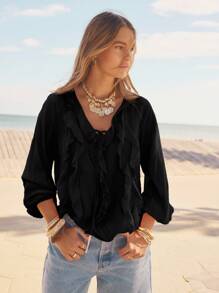 Aralina 荷叶边 V 领长袖前系带衬衫 - 黑色 - 查看 5