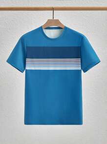 Manfinity VCAY Camiseta ajustada casual con rayas geométricas para hombre, camiseta de rayas azul para hombre, camiseta de verano para hombre, camiseta de rayas para hombre, camiseta azul de rayas para hombre, camiseta de rayas para hombre, camiseta azul y blanca de rayas para hombre - Azul - Ver 1