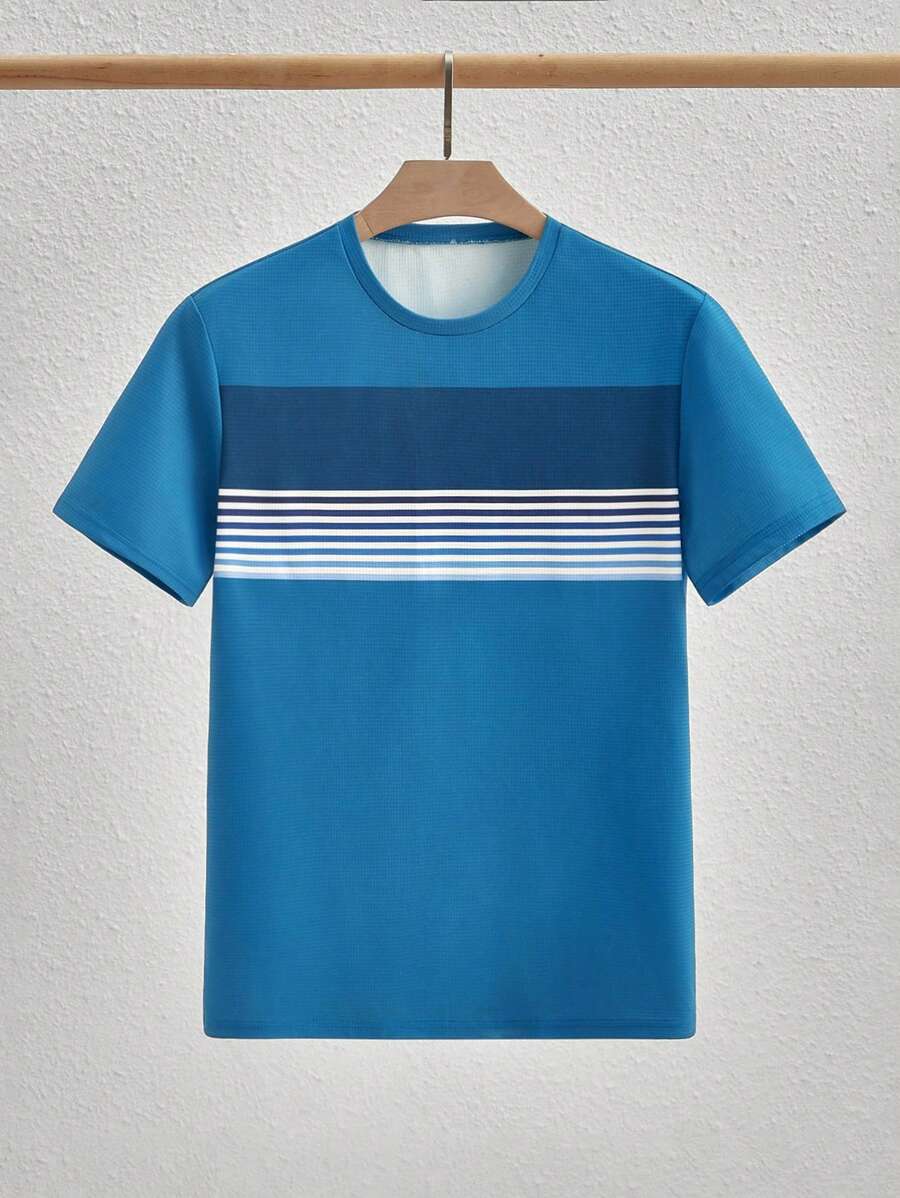 Manfinity VCAY Camiseta ajustada casual con rayas geométricas para hombre, camiseta de rayas azul para hombre, camiseta de verano para hombre, camiseta de rayas para hombre, camiseta azul de rayas para hombre, camiseta de rayas para hombre, camiseta azul y blanca de rayas para hombre - Azul - Ver 1