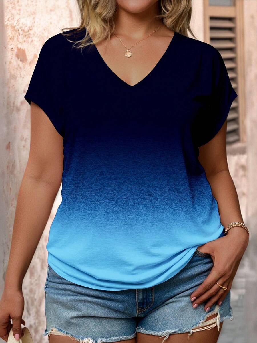 SHEIN LUNE Plus Size V-Neck Gradient Short Sleeve T-Shirt, Casual Summer - Multicolor - View 1