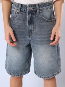 SUMWON 男童及膝牛仔短裤，带涂鸦后袋，宽松棉质夏季休闲街头服饰 - 藍色 - 查看 6