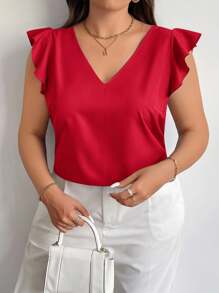 Firerie Plus Size Elegant V-Neck Ruffle Trim Sleeved Red Formal Casual Summer Blouse,Suitable For Teachers In Summer - Red - View 4