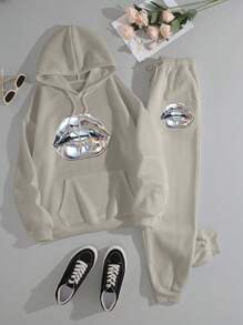 INAWLY Conjunto de 2 piezas de mujer con sudadera con capucha de manga larga con cordón y estampado de labios, y pantalones