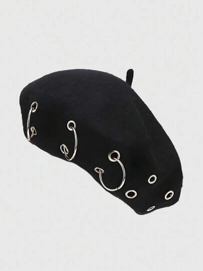 ROMWE Grunge Punk 1 件朋克风格圆形镂空铆钉贝雷帽，Y2K 圆形吊坠报童帽，日常个性化时尚单品