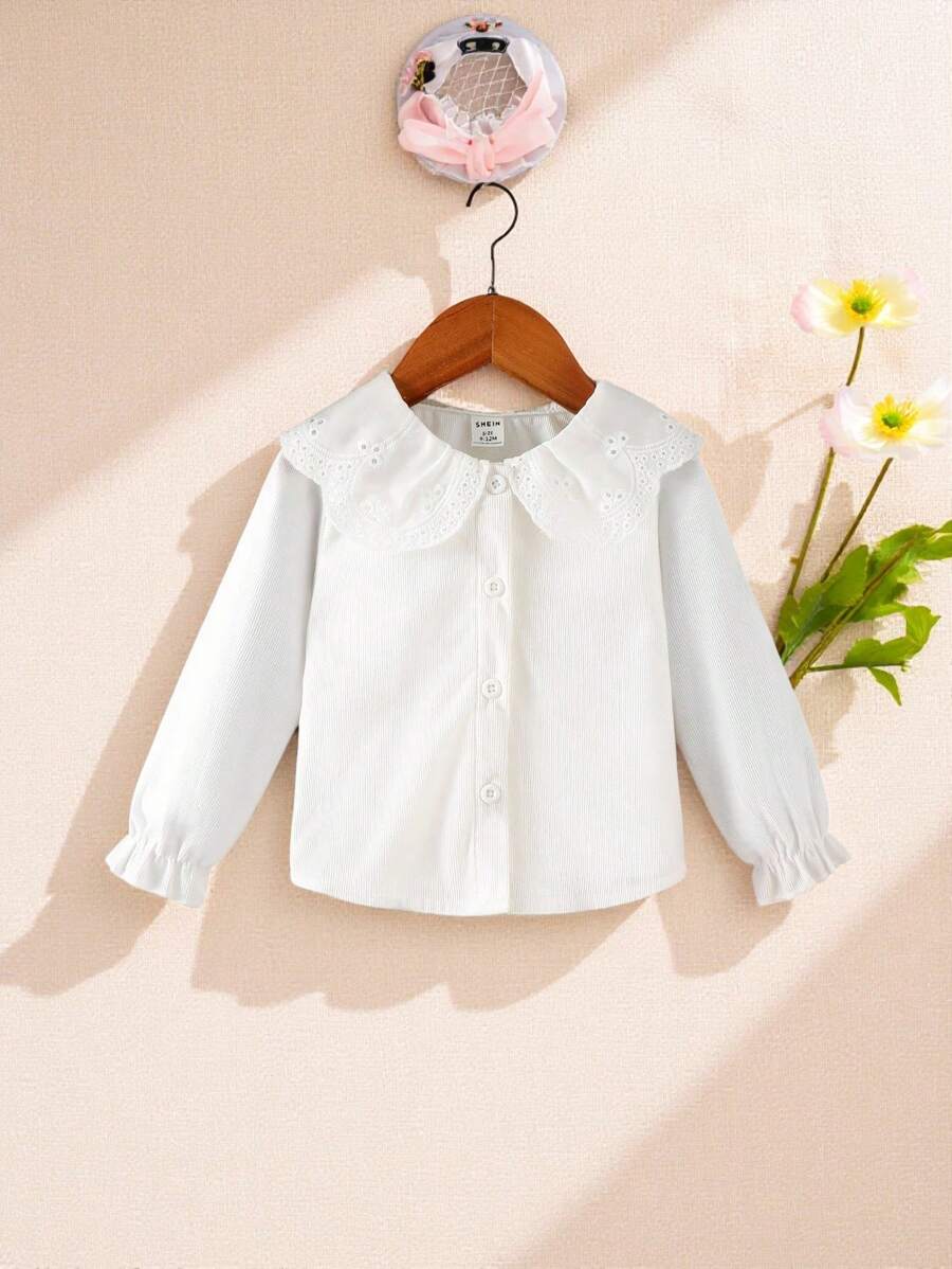 SHEIN Baby Girl Eyelet Embroidery Statement Collar Flare Sleeve Top - White - View 1