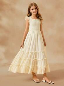 Elegante vestido largo de niña de flores para niñas, nuevo diseño de vestido de tirantes sin mangas para niña preadolescente, vestido esponjoso de princesa de gasa para niñas lindas - Champán - Ver 3