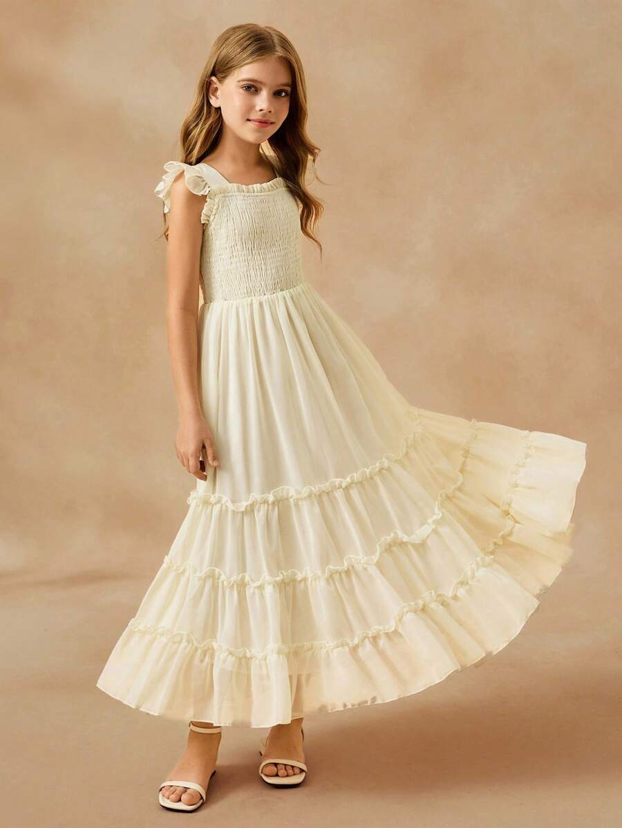 Elegante vestido largo de niña de flores para niñas, nuevo diseño de vestido de tirantes sin mangas para niña preadolescente, vestido esponjoso de princesa de gasa para niñas lindas - Champán - Ver 1