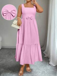 Elenzga Vestido de vacaciones con dobladillo de volantes para talla grande, versátil - Rosa - Ver 3