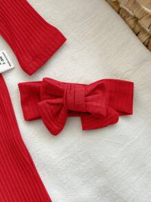 SHEIN Mono de manga larga con botones delanteros, volantes y lazo en la cabeza de unicolor para recién nacidos - Rojo - Ver 7