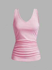 Slaydiva 4pcs V-Neck Rib Knit Camisole Vest For Women, Suitable For Summer Back To School