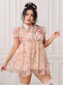 ROMWE EDITION Plus Size Retro Palace Romantic Doll Dress With Puff Sleeves, Satin Ribbon & Bow Decor 2 Pieces Set - Multicolor - View 5