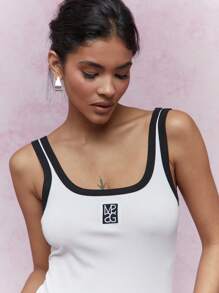 MISSGUIDED PLUS Plus Size Ribbed Athletic Tank Top With Logo Square Neck Workout Sleeveless Vest Soft Stretch Gym Fitness Activewear Basic Essential - White - View 3