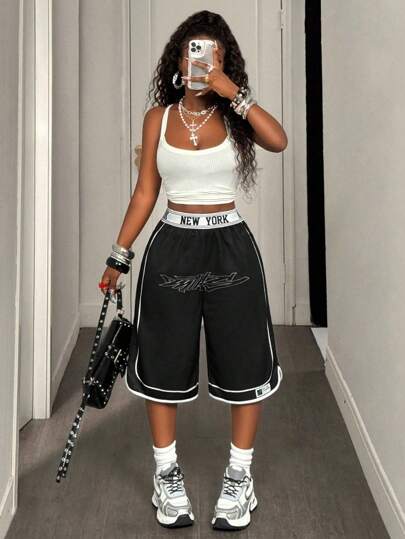 SHEIN PETITE Women's Casual Sports Shorts With Colorful Contrast Panels, New York Design