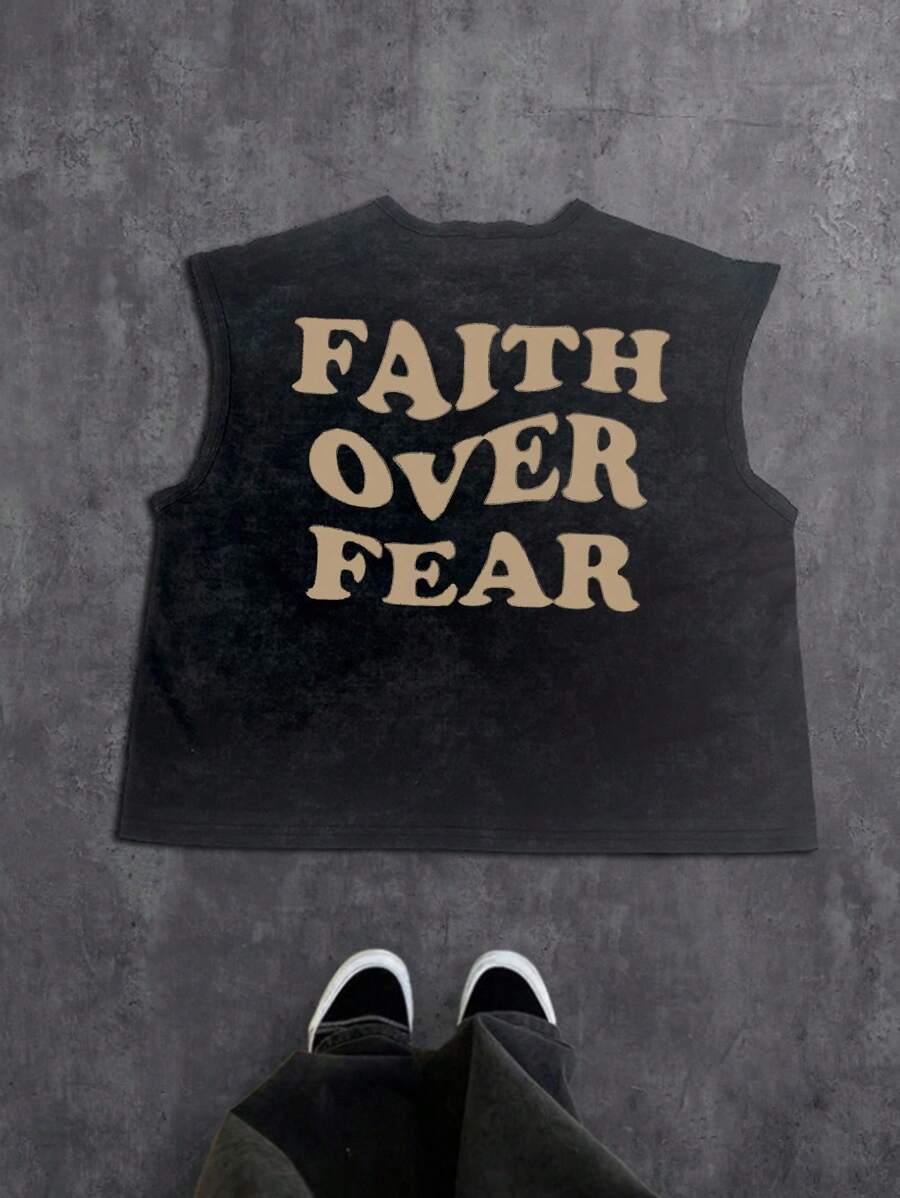 Manfinity RSRT Men's Letter Print Crew Neck Casual Garment Washed Tank Top, Summer - Black - View 1