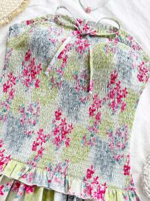 Soleia Women's Bodycon Ruffled Floral Print Bandeau A-Line Dress With Multi-Layer Ruffle Hem, Blue - Multicolor - View 5