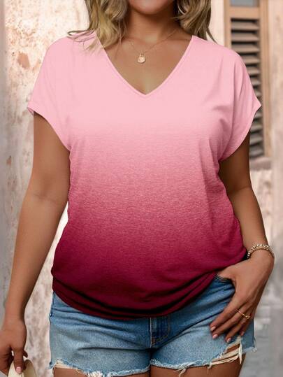 SHEIN LUNE Plus Size Ombre V-Neck Casual Short Sleeve T-Shirt, Summer