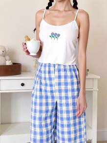 2pcs/Set Teenager Girls' Casual Strap Embroidered Plaid Print Camisole Top And Pants Home Wear, Blue & White - Blue and White - View 1