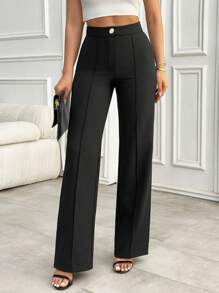 EURMUSE Quần ống đứng, cúc vàng, màu trơn - màu đen - Xem 1