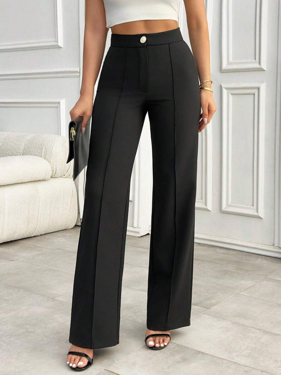 EURMUSE Quần ống đứng, cúc vàng, màu trơn - màu đen - Xem 1