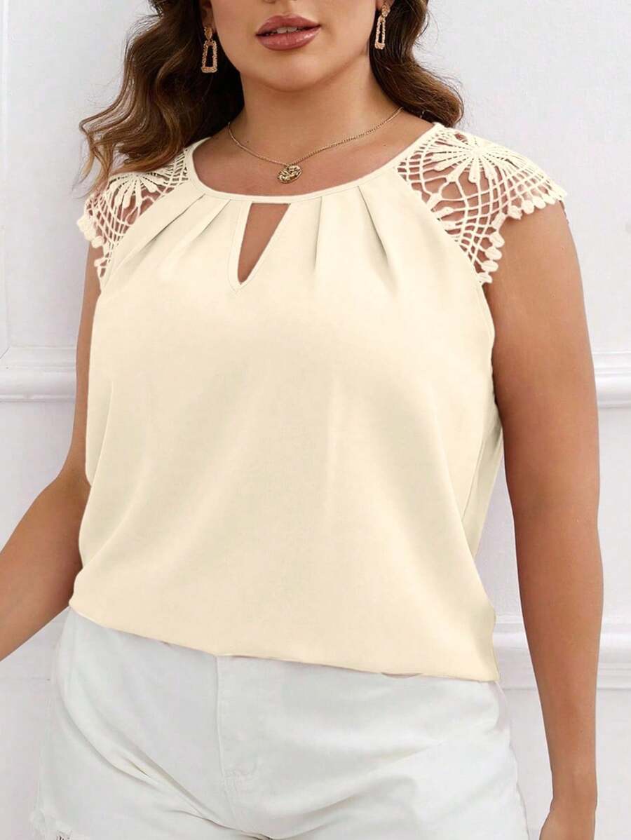 SHEIN Clasi Plus Contrast Guipure Lace Keyhole Neck Blouse,Business Casual Woman,Going Out Tops,Teacher Shirts - Apricot - View 1