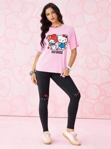 HELLO KITTY AND FRIENDS | SHEIN Women Summer Casual Cute Cartoon Letter Print Drop Shoulder Loose T-Shirt & Leggings Set - Pink - View 4