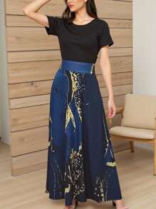 INAWLY Women's Marble Print Patchwork Dress - Black - View 1