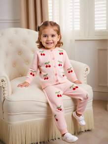 SHEIN Baby Girls Knit Sweater Co-Ord Set, Pink With Cherry Motif, Soft & Comfortable For Casual, Outdoor, Travel, Vacation, Home, Daycare, And Playtime Fall Winter