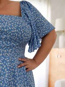 Pretty and Ole Robe d'été boho pour femme avec col carré boutonné, imprimé floral délicat, grande taille - Bleu azur - Voir 8