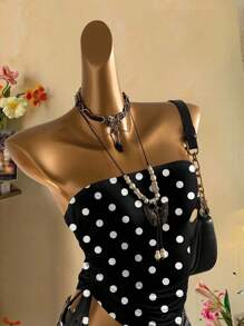 Attitoon Casual Vintage Black & White Polka Dot Full Print Women's Gathered Tie Front Cropped Tube Top , Suitable For Summer, Music Festivals, Pop & Boho Style Goth Suitable For Going Out