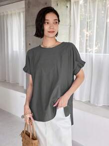 FRIFUL Women's Casual Plain Round Neck Loose Fitting Short Sleeve T-Shirt - Dark Grey - View 5