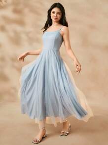 SHEIN Elegant Minimalist Fashion Sleeveless High Waist Maxi Blue Mesh Dress For Teen Girl Summer Prom Party - Blue - View 4