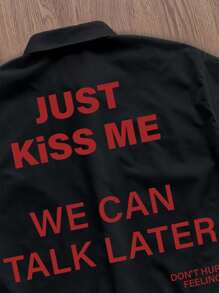 Manfinity Roghcode 男士夏季休闲宽松标语印花黑色衬衫