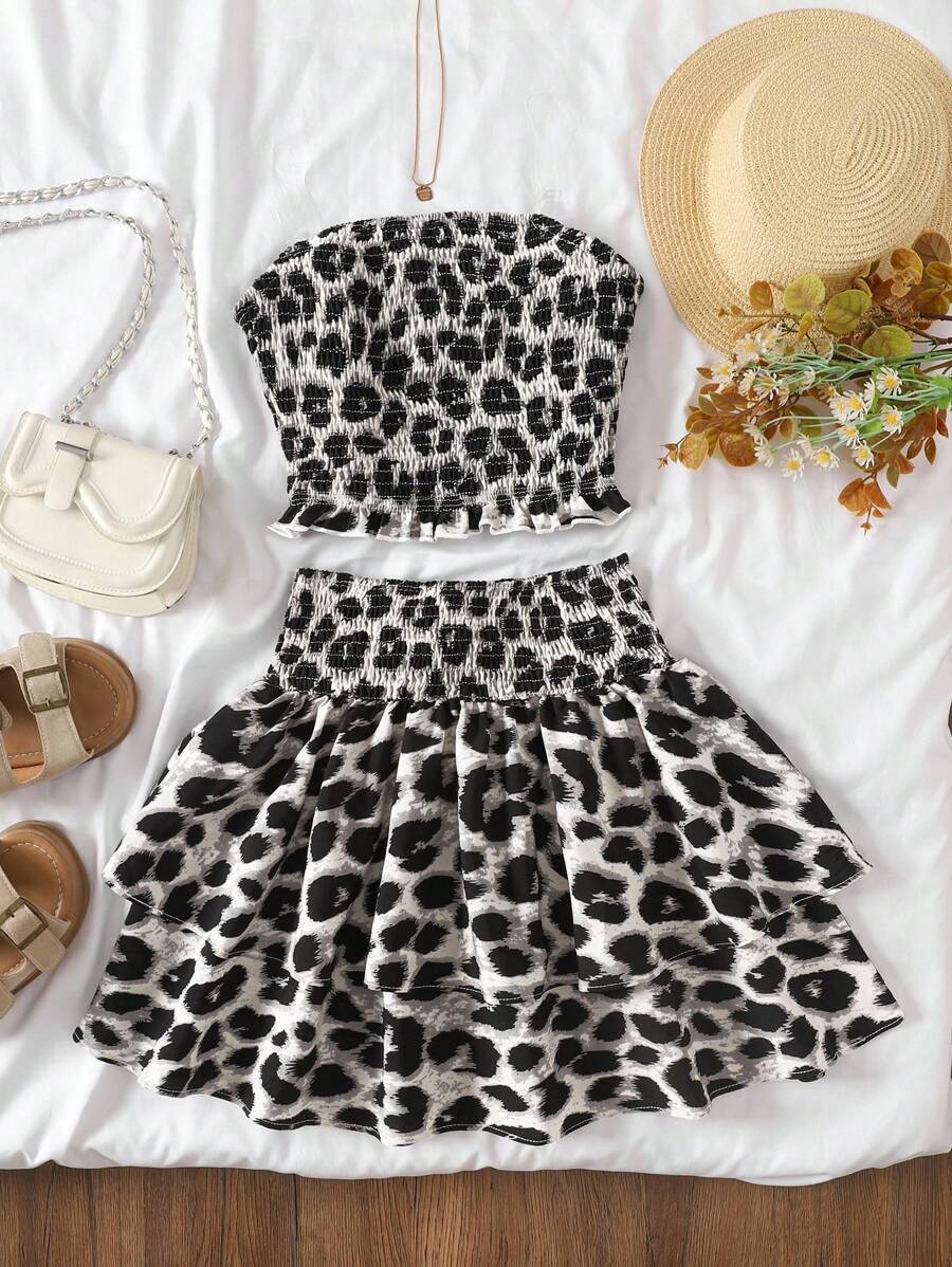 Tween Girl Cropped Tank Top And High Waist Layered Ruffle Cake Skirt 2 Pieces Casual Resort Outfit - Grey - View 1