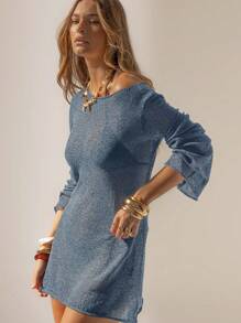 Aralina 度假村轻盈半透明度假针织沙滩裙 - 霧霾藍 - 查看 11