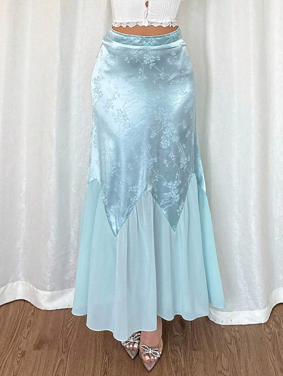 Chiquease Women's Elegant Textured Floral Pattern Satin Ruffled Hem A-Line Skirt, Summer - Green - View 1