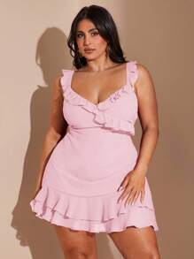 SHEIN BAE 大码女式春夏浪漫性感 V 领甜美可爱优雅百搭约会夜红色荷叶边下摆迷你连衣裙，海滩度假派对短裙