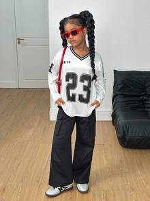 SHEIN Tween Girl Casual Street Fashion Black And White Jersey Print Long Sleeve Top And Pants Set,Autumn Cow Boy School Back-To-School Loose Fit Outfits - Black - View 3