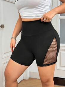 SHEIN EZwear 大码黑色休闲拼布渔网弹力紧身裤